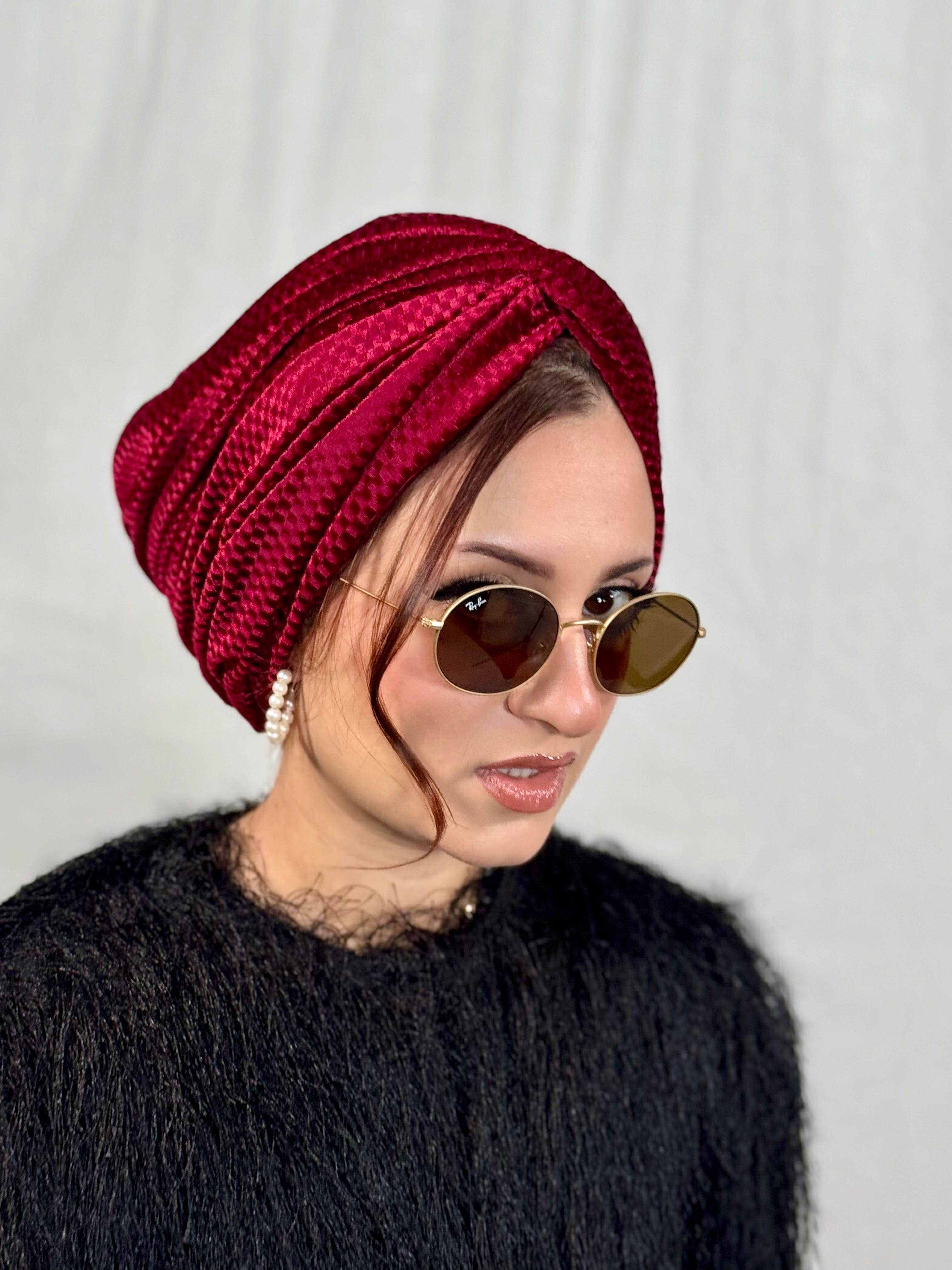 Beanie Velvet Cross Front - Burgundy - Turban Couture