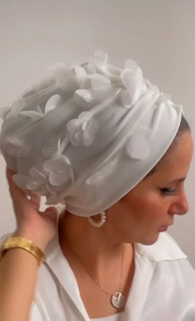 Beanie Tulle - Off White Flowers - Turban Couture