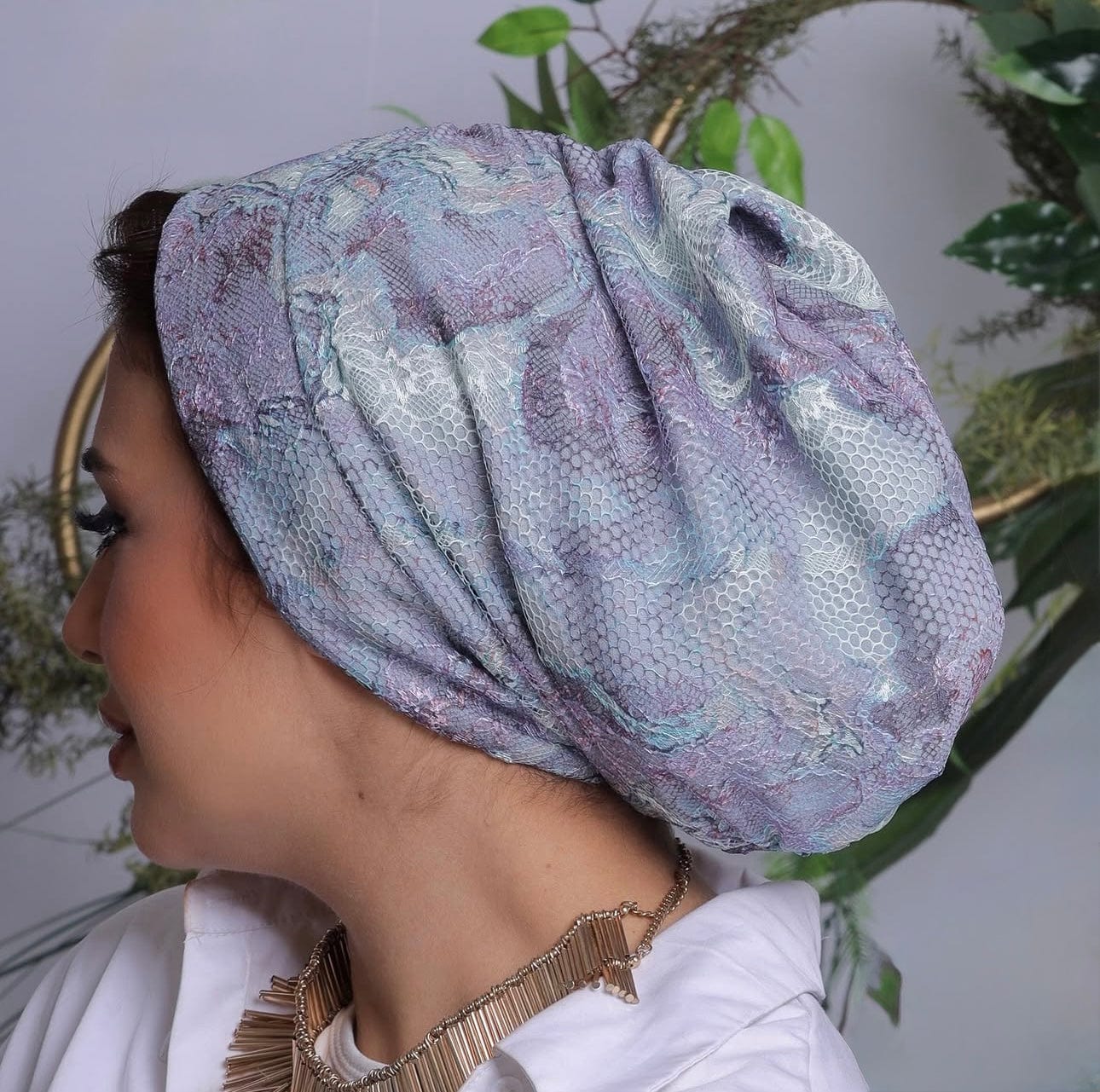 Beanie Lace - Floral purple and Blue - Turban Couture