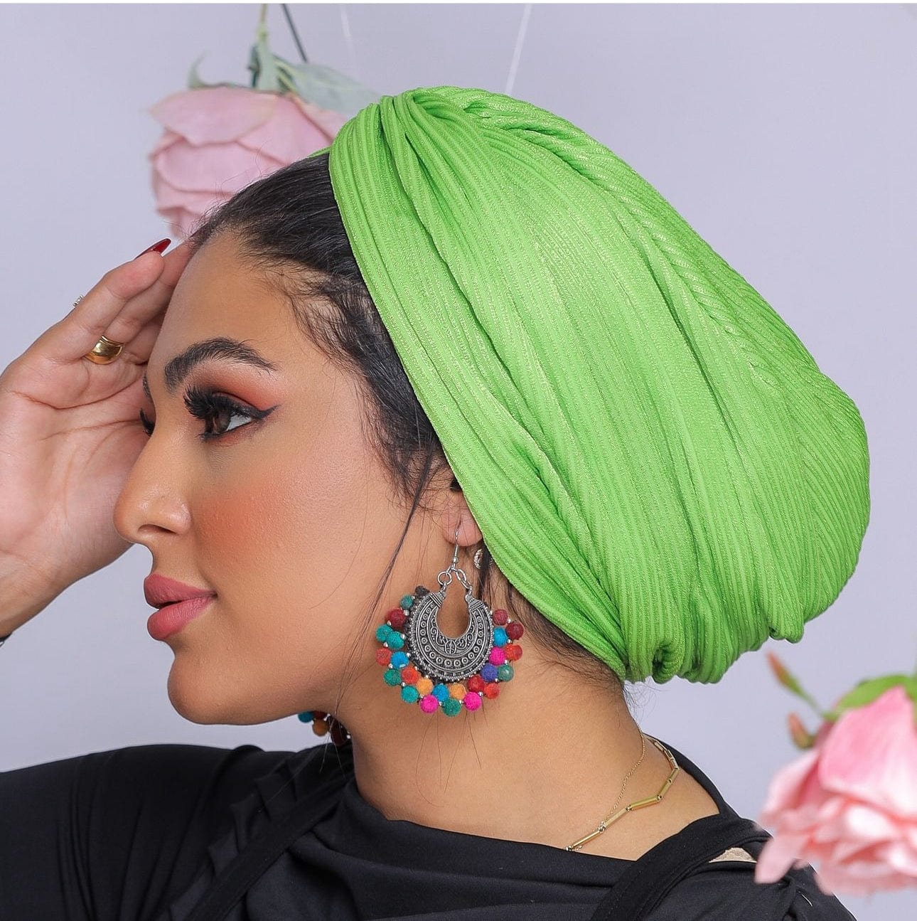 Beanie Ribbed Cross Front - Neon Green - Turban Couture