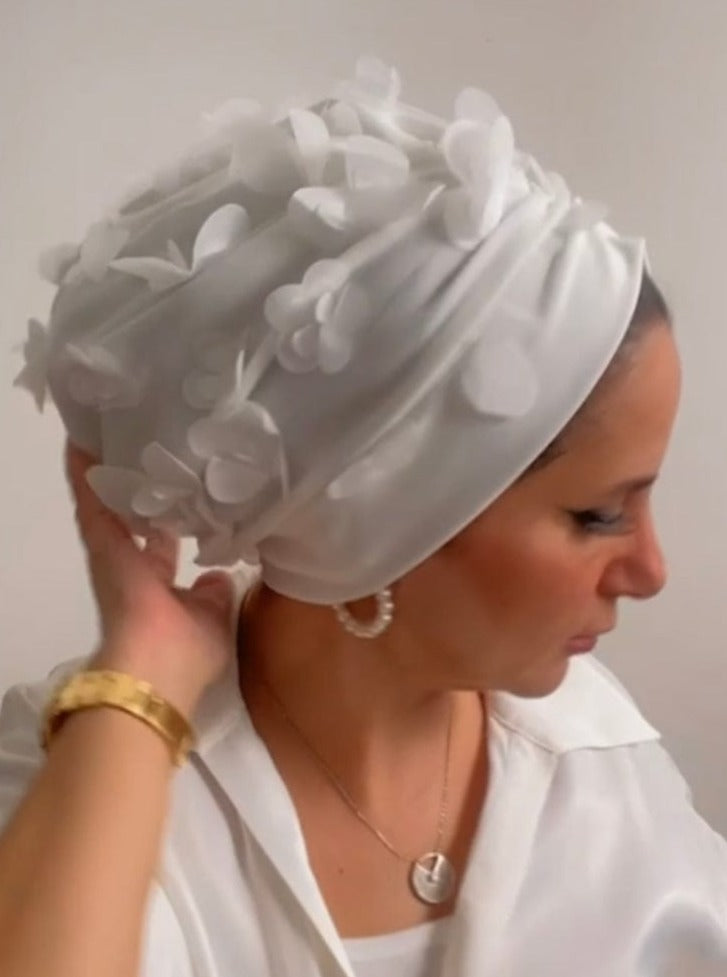 Beanie Tulle - Off White Flowers - Turban Couture