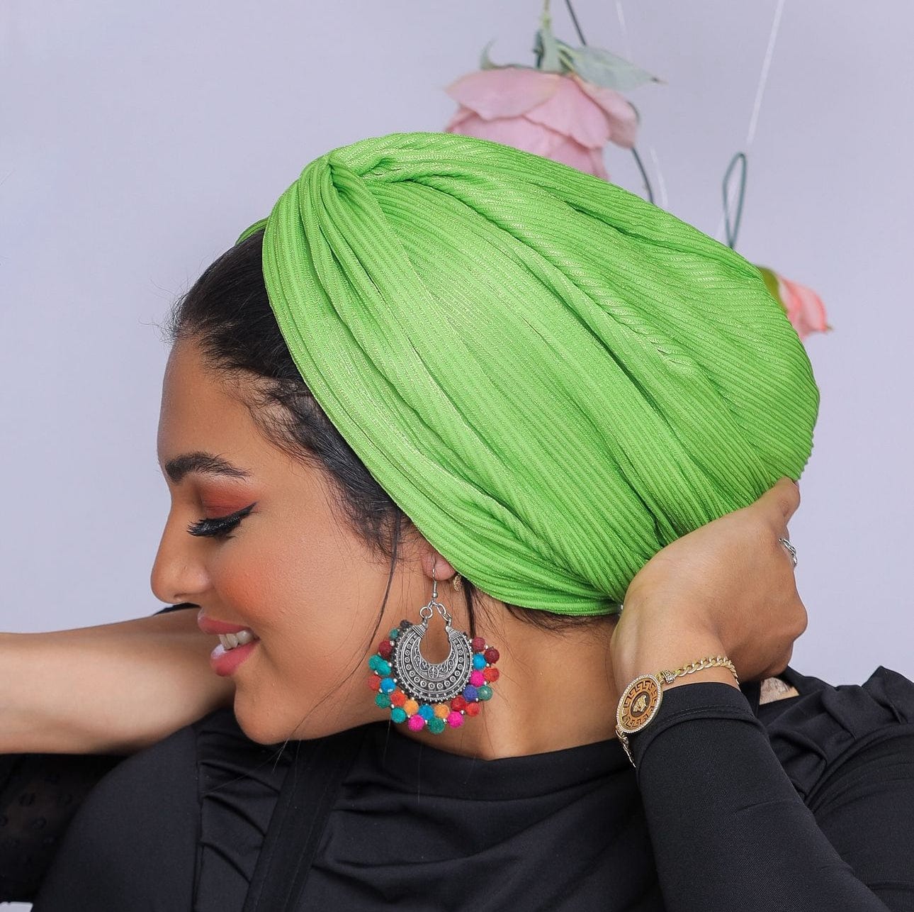 Beanie Ribbed Cross Front - Neon Green - Turban Couture
