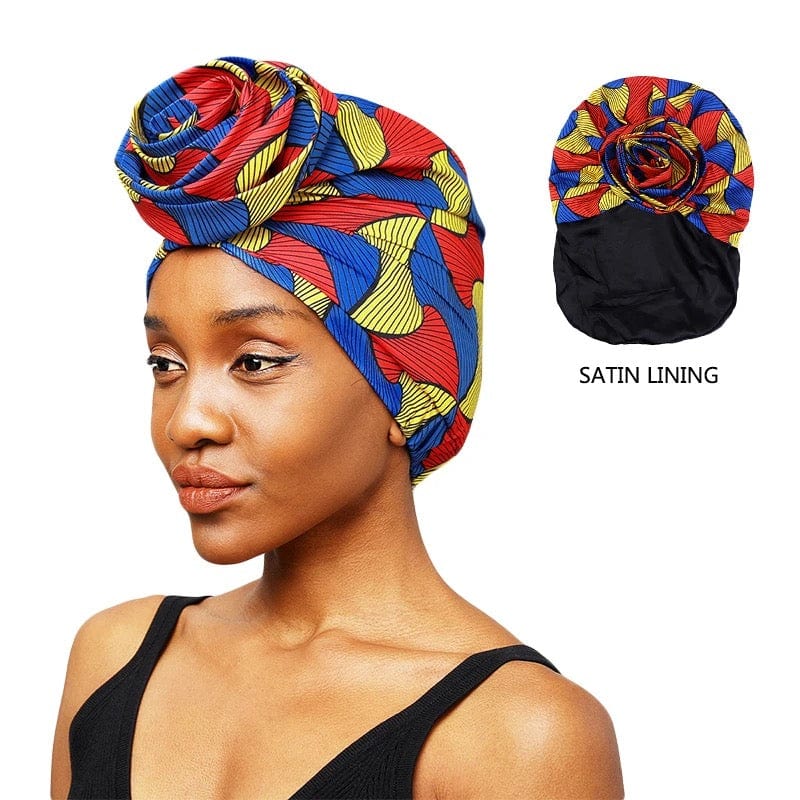 Satin lined turban - Blue Red Yellow - Turban Couture