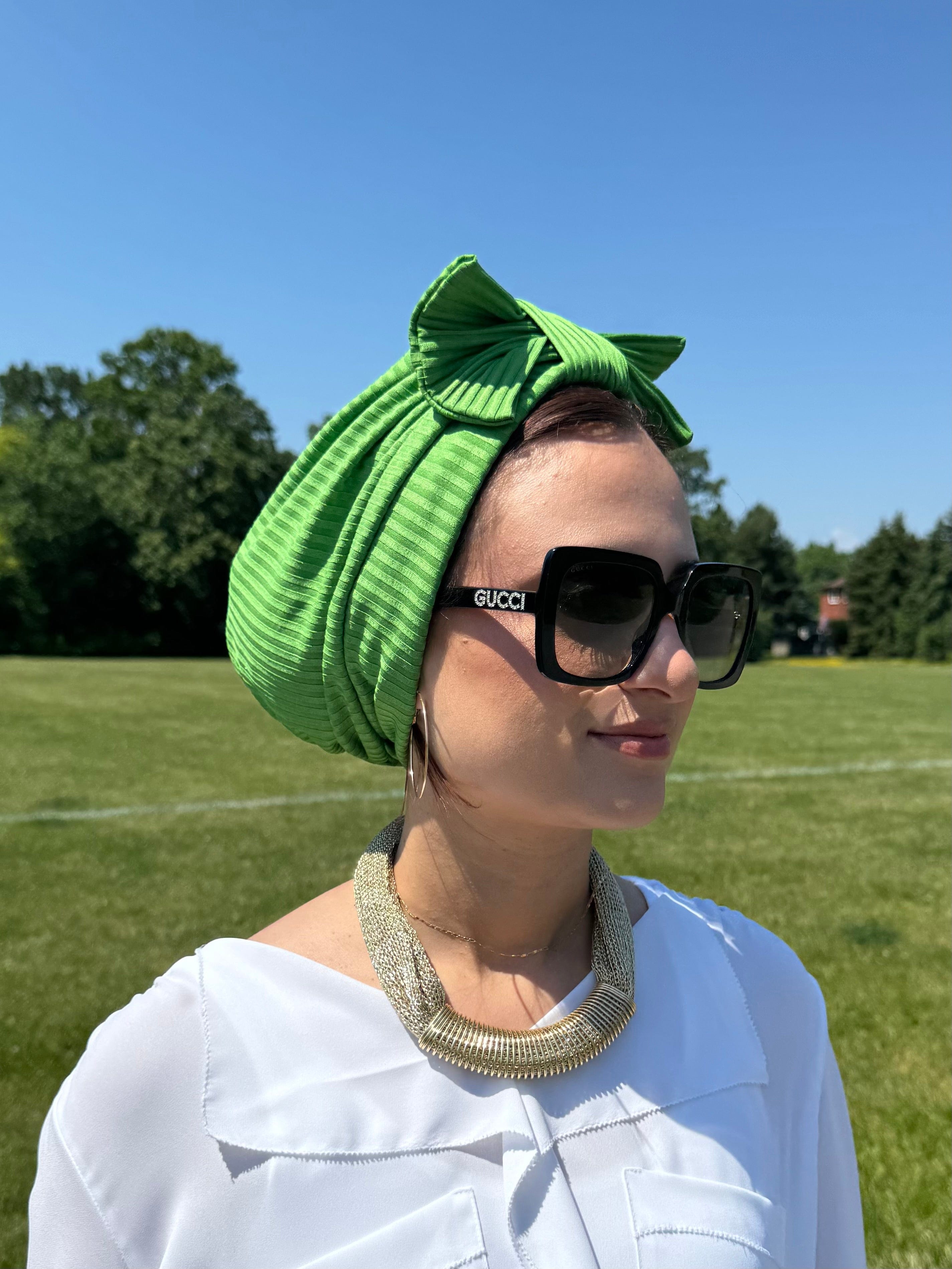 Beanie Bow Ribbed Jersey - Green - Turban Couture
