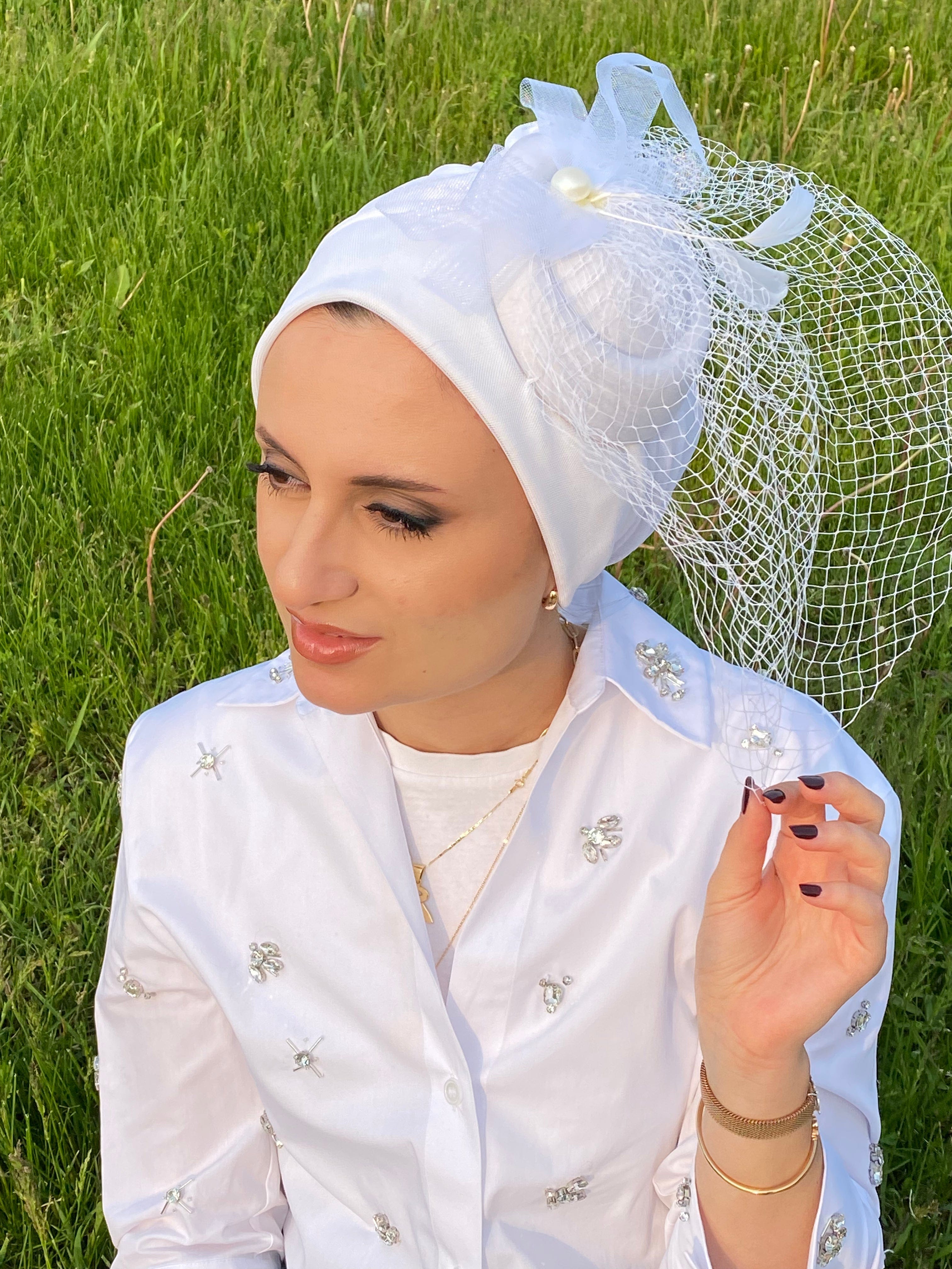 Beanie Tulle Pillbox - White - Turban Couture