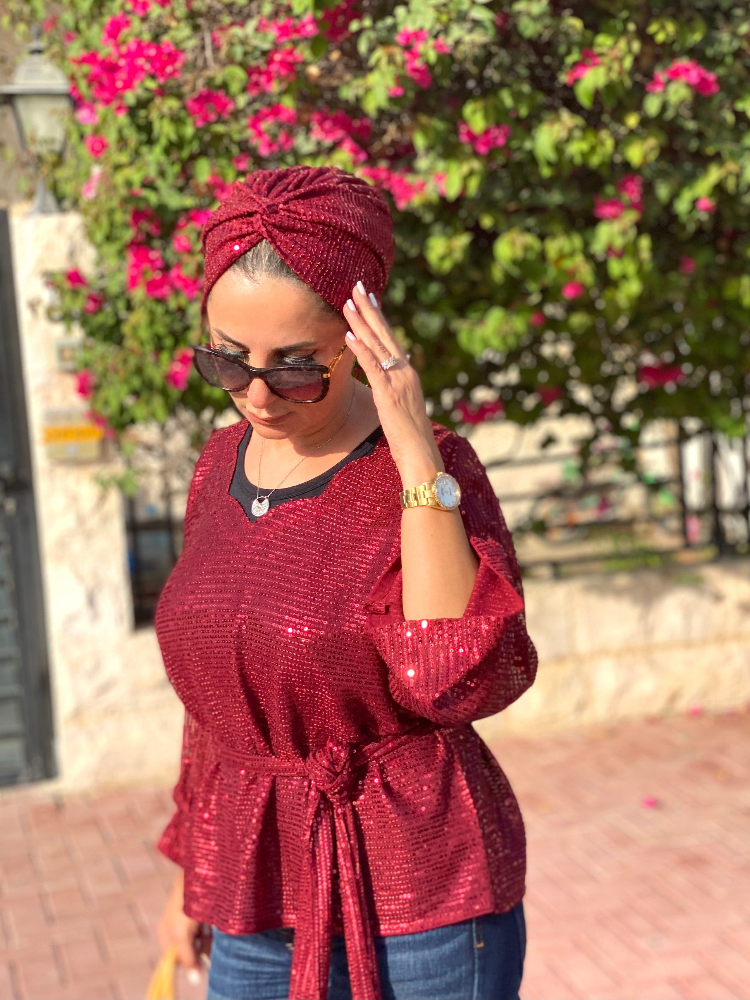 Hijabsandstuff Turban Cross front Turban Sequins - Burgundy  (Designer Mask Included) Handmade Luxury Fashion Women Headwrap