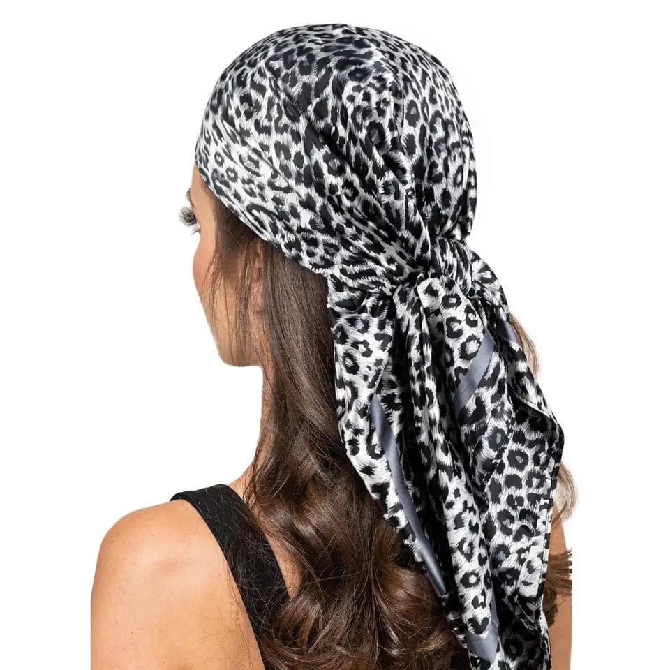 Printed Square Satin Scarf - Grey Leopard - Turban Couture