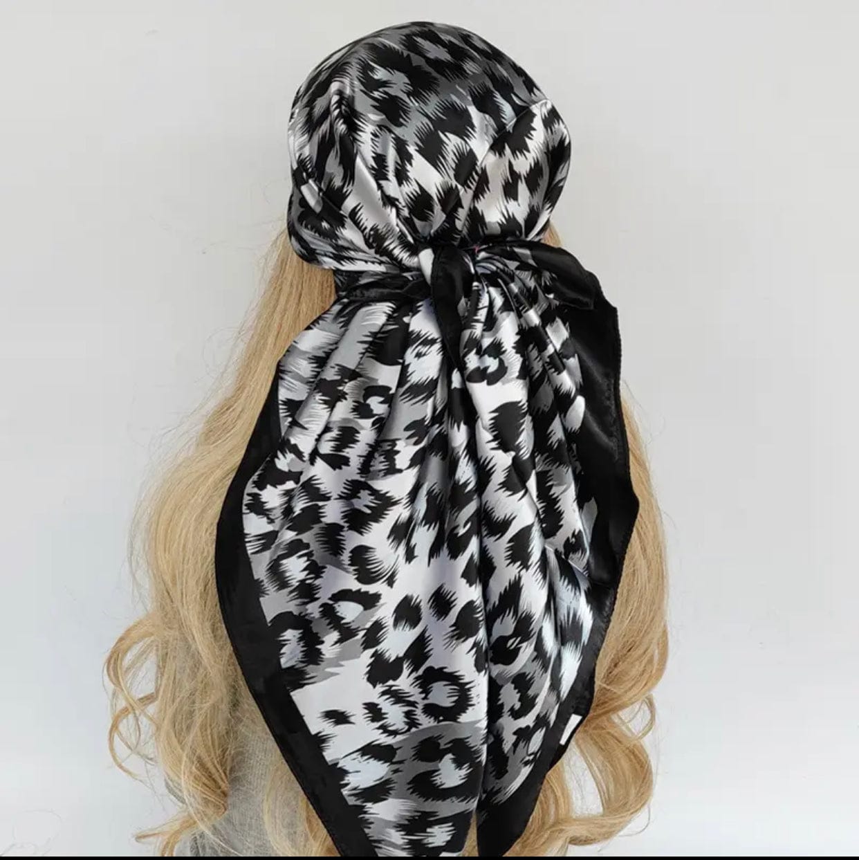 Printed Square Satin Scarf - Leopard Black And White - Turban Couture