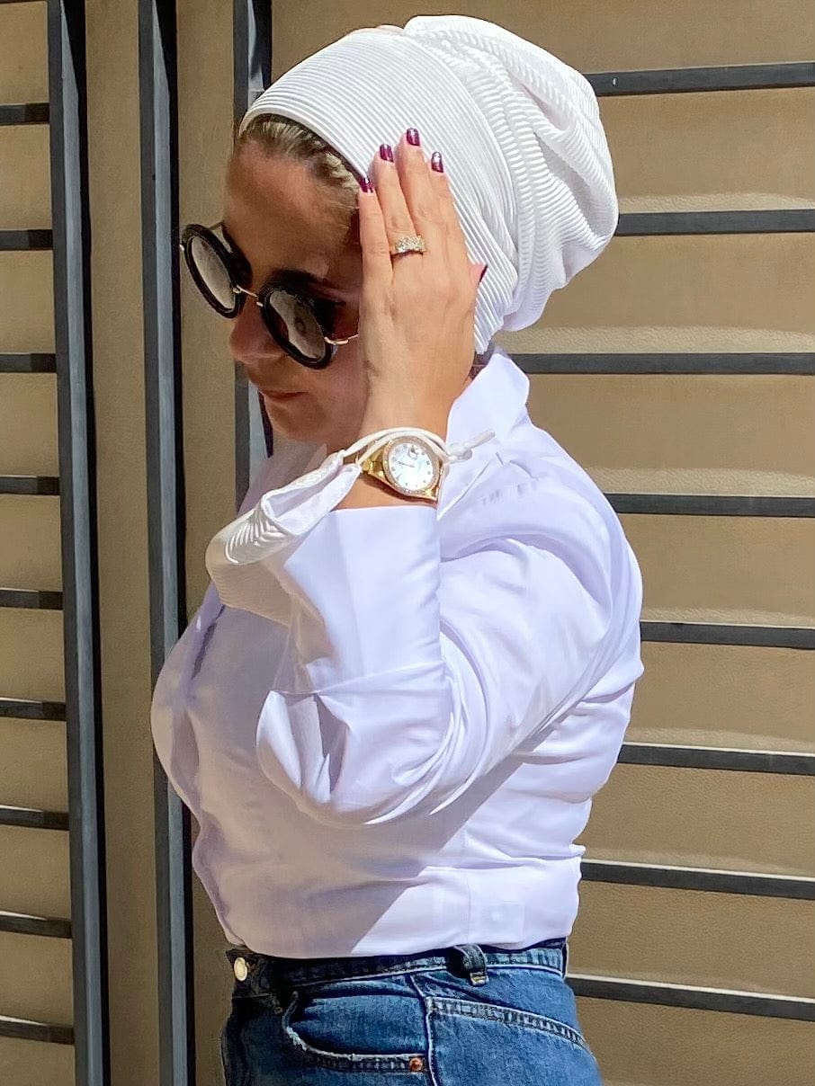 TurbansStuff Beanie Beanie pleated - White (Designer Mask Included) Handmade Luxury Fashion Women Headwrap