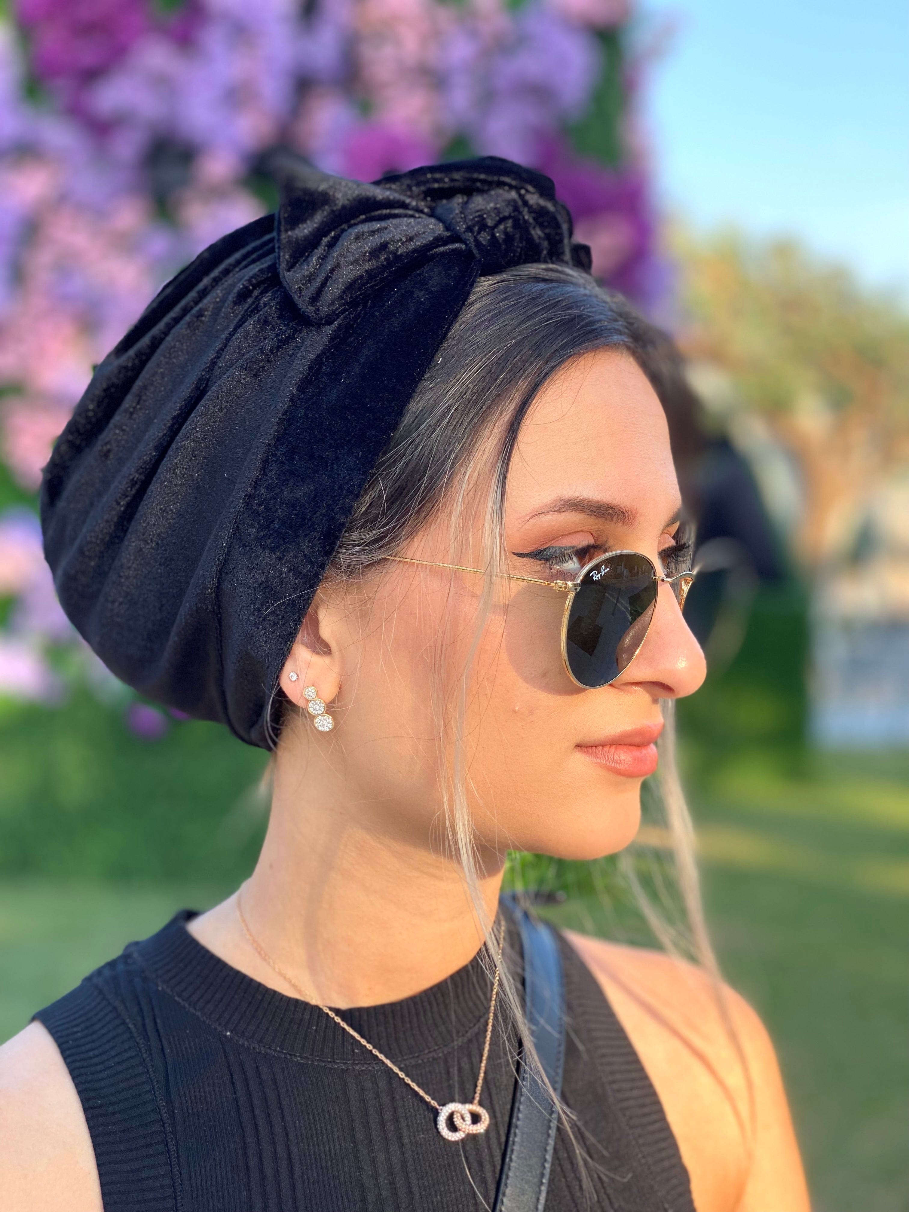 TurbansStuff Turban Bow Turban velvet - Black Handmade Luxury Fashion Women Headwrap
