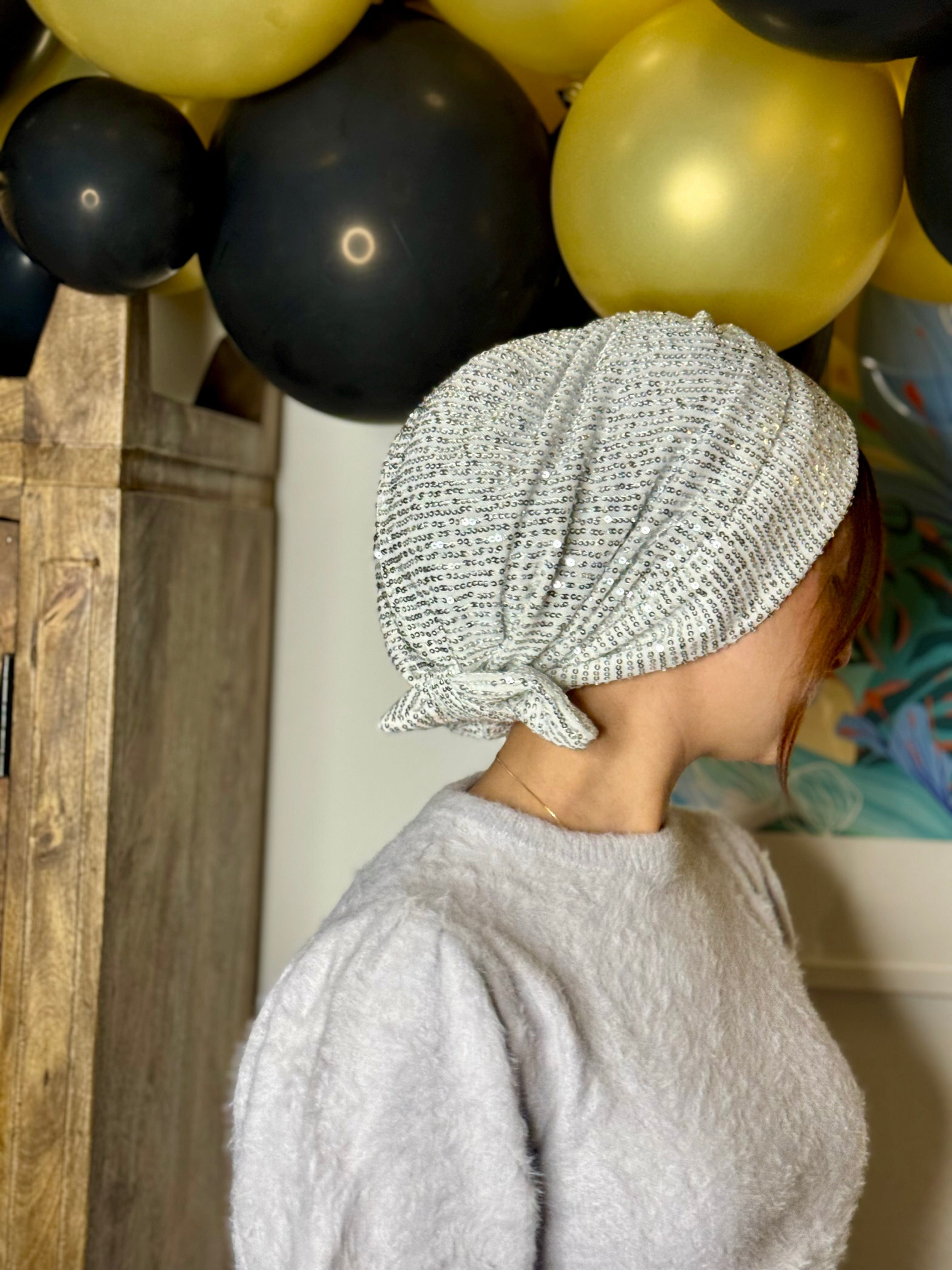 Beanie Bow Sequins Jersey -  White Silver