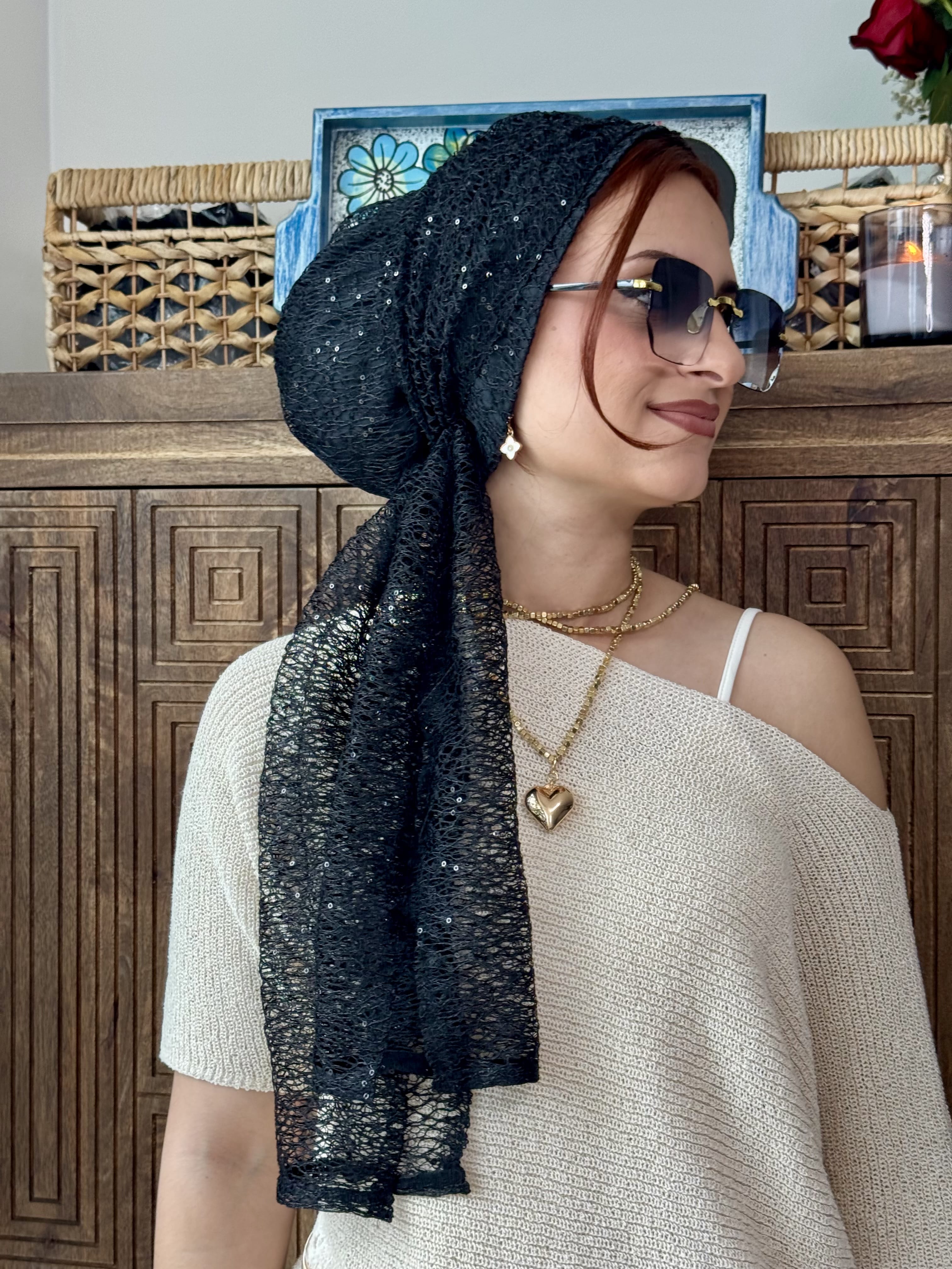 Beanie Wrap Lace Sequins - Black 🖤