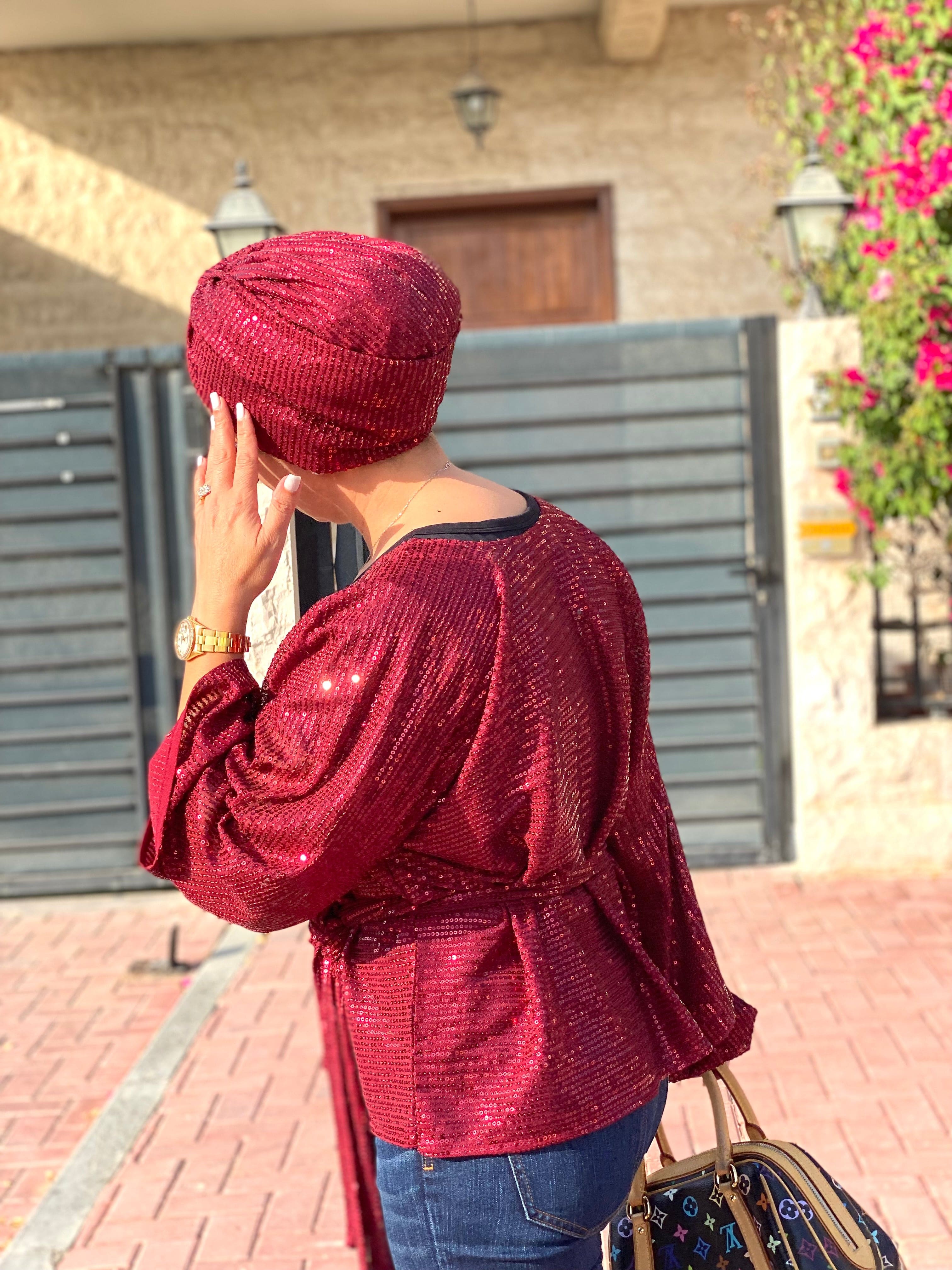 Turban Cross front Sequins - Burgundy