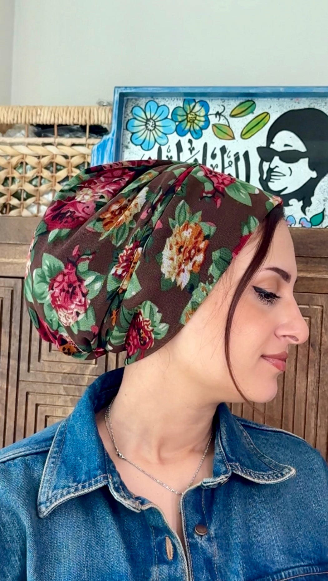 Beanie  Tulle - Brown Red Flowers