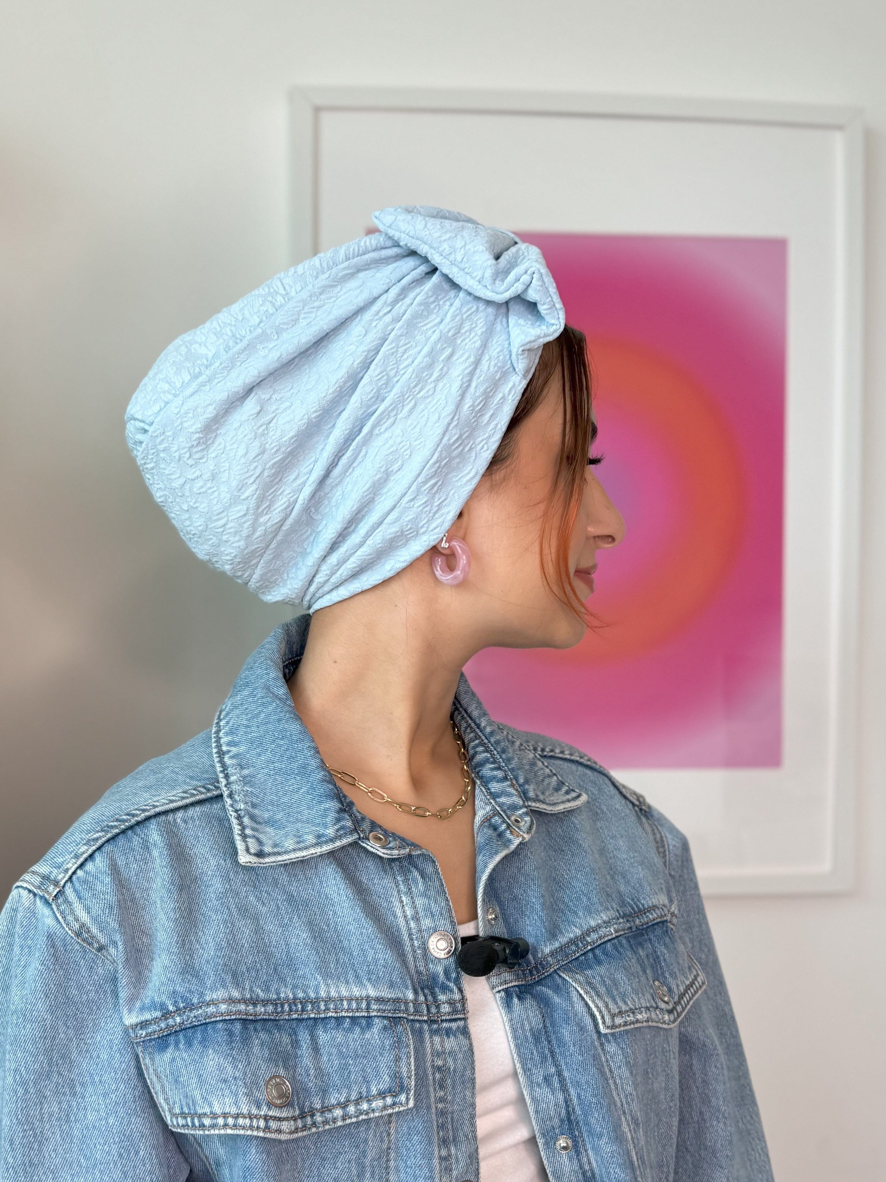 Turban Printed Big Bow - Baby Blue - Turban Couture