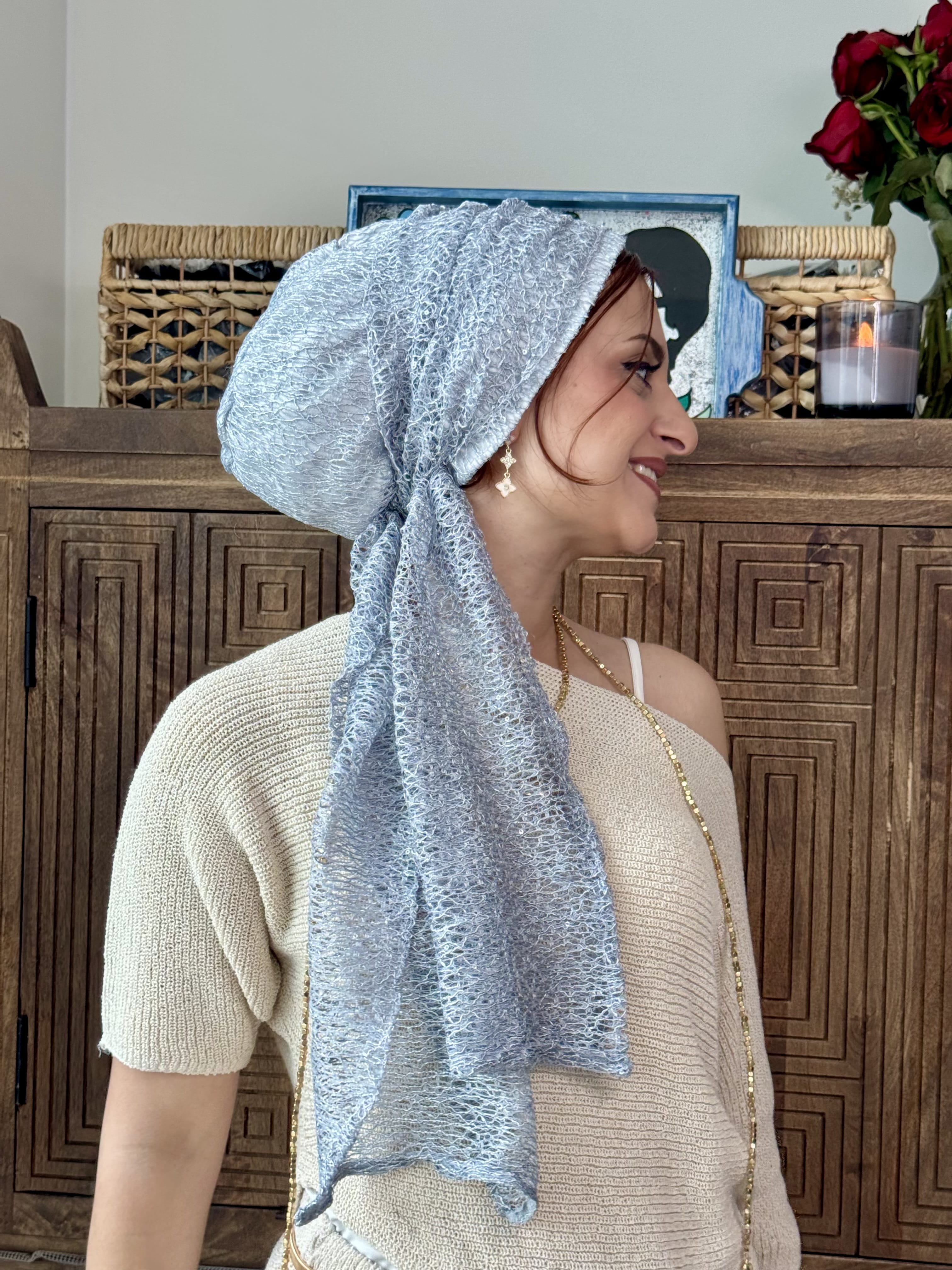 Beanie Wrap Lace Sequins - Grey Blue