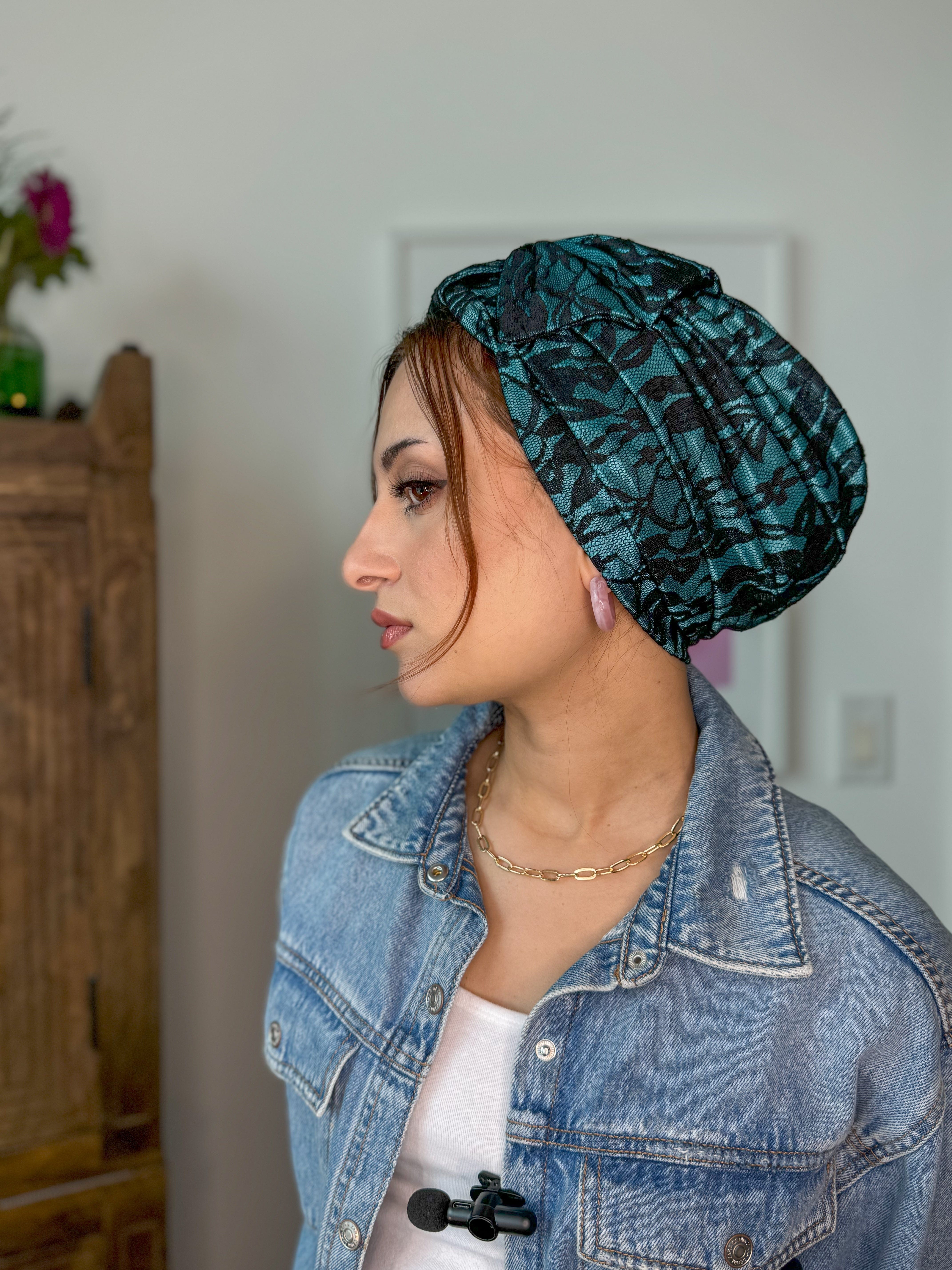 Turban Bow Lace Style - Turquoise Black