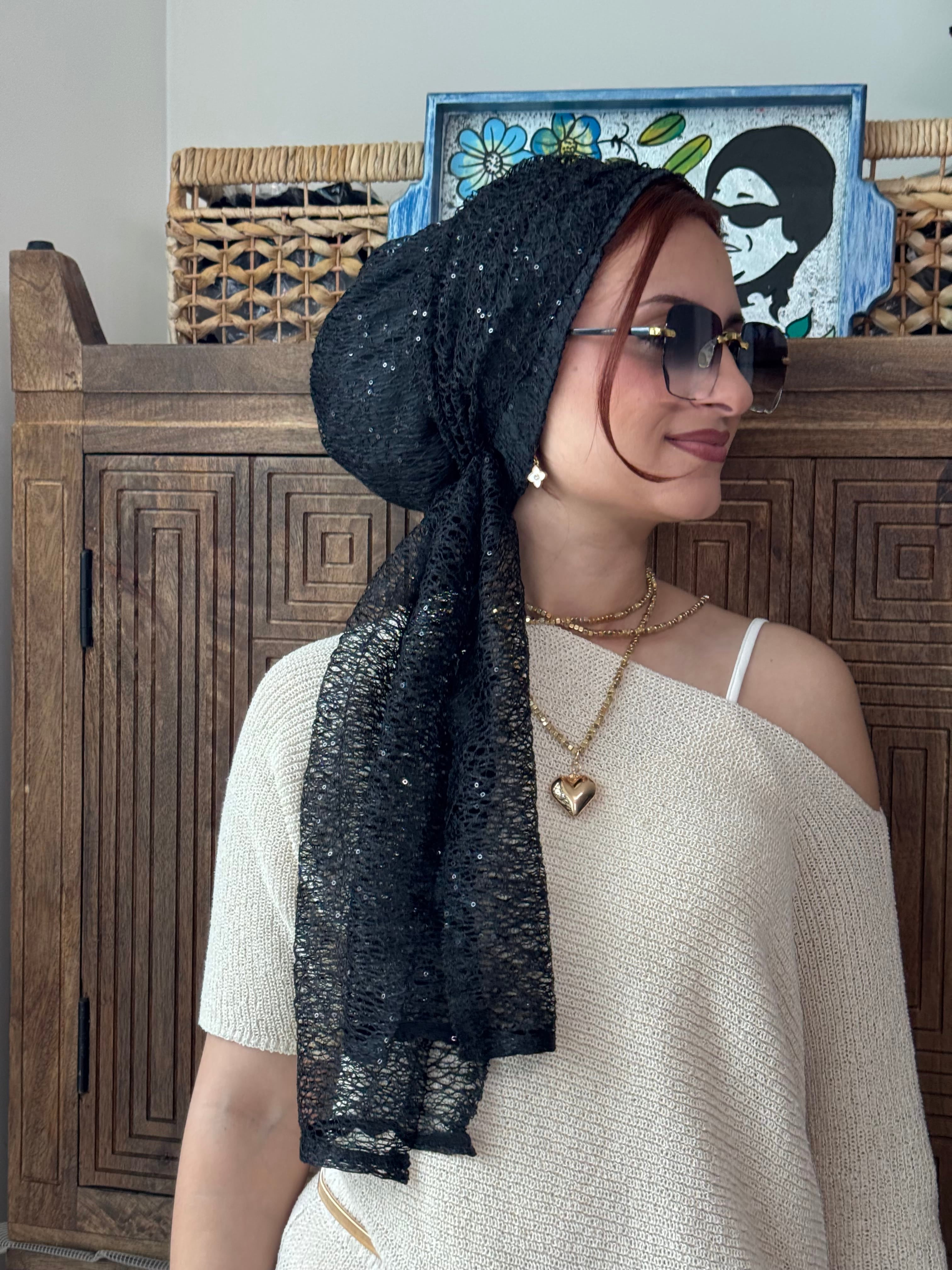 Beanie Wrap Lace Sequins - Black 🖤