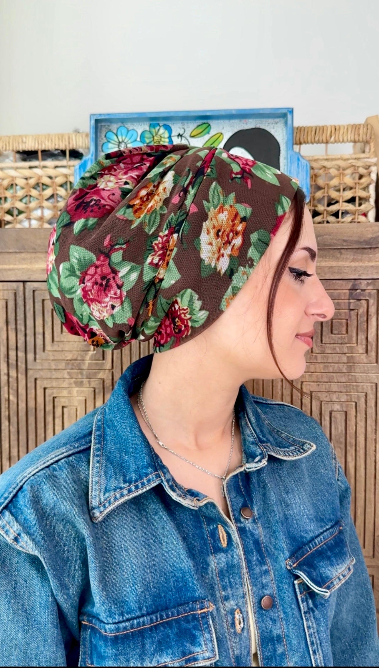 Beanie  Tulle - Brown Red Flowers