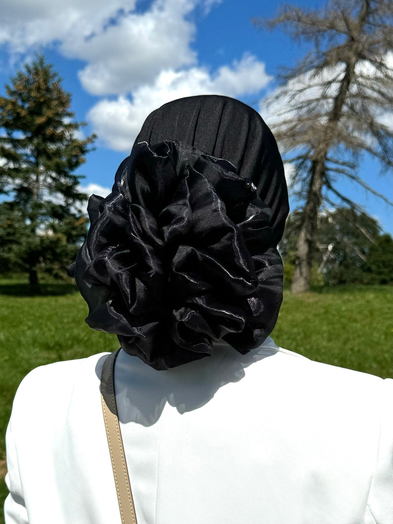 Volumizing Scrunchie Cap - Black Big Flower Volume in the back - Turban Couture