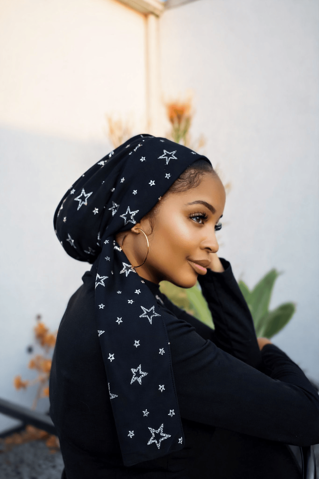 Beanie Wrap Chiffon - Black with Silver stars