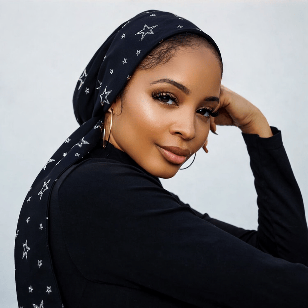 Beanie Wrap Chiffon - Black with Silver stars