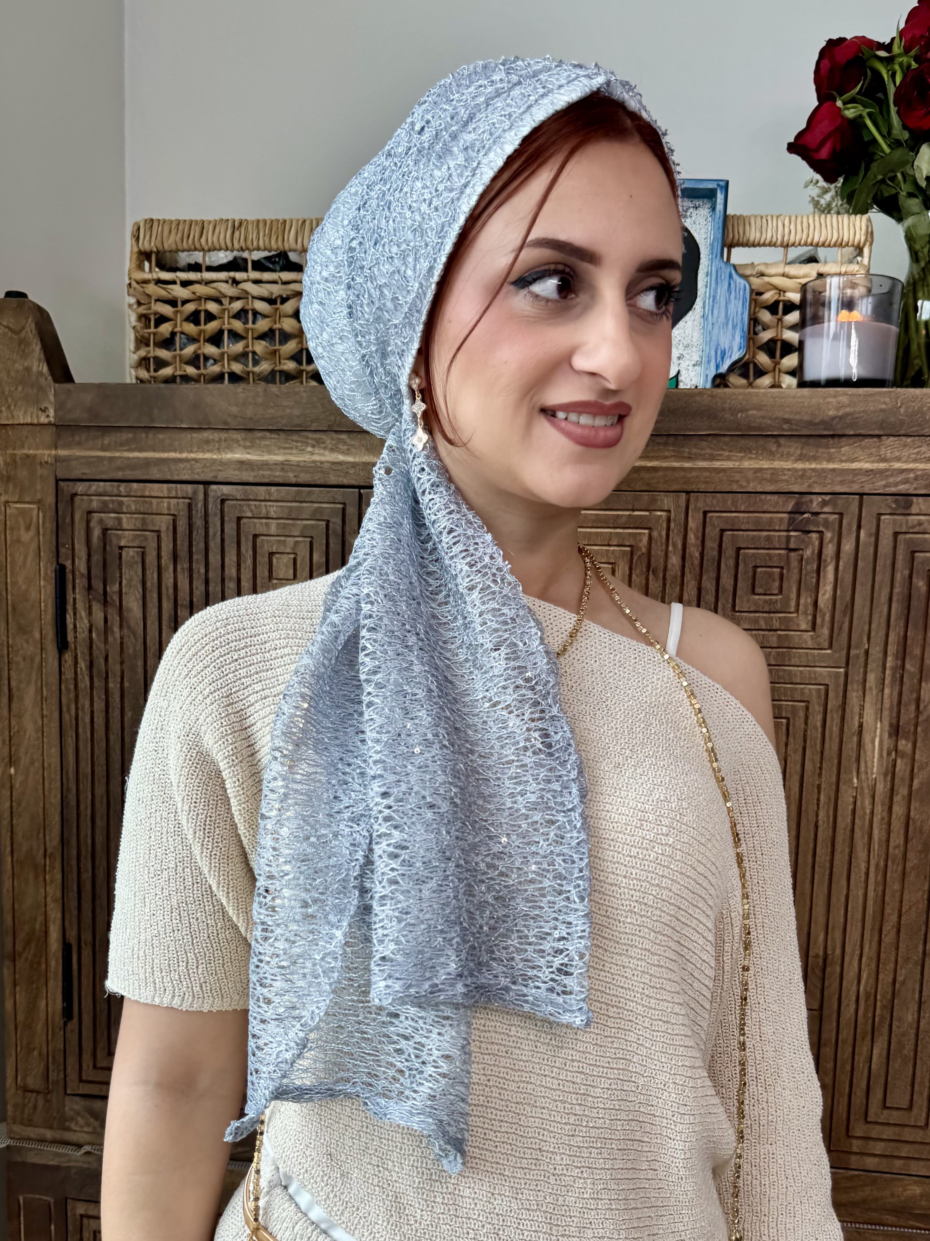 Beanie Wrap Lace Sequins - Grey Blue