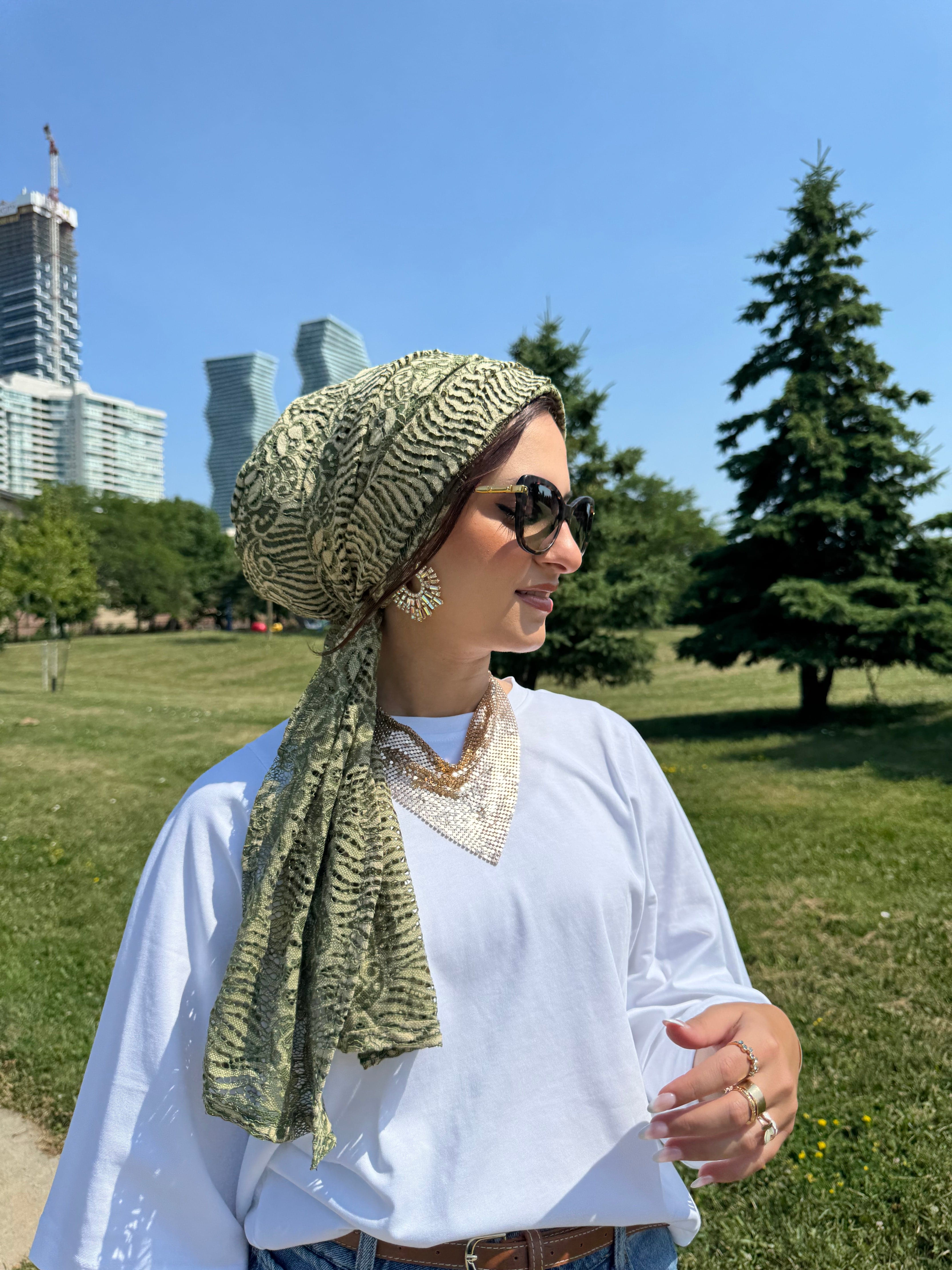 Beanie Wrap Lace - Green Nude