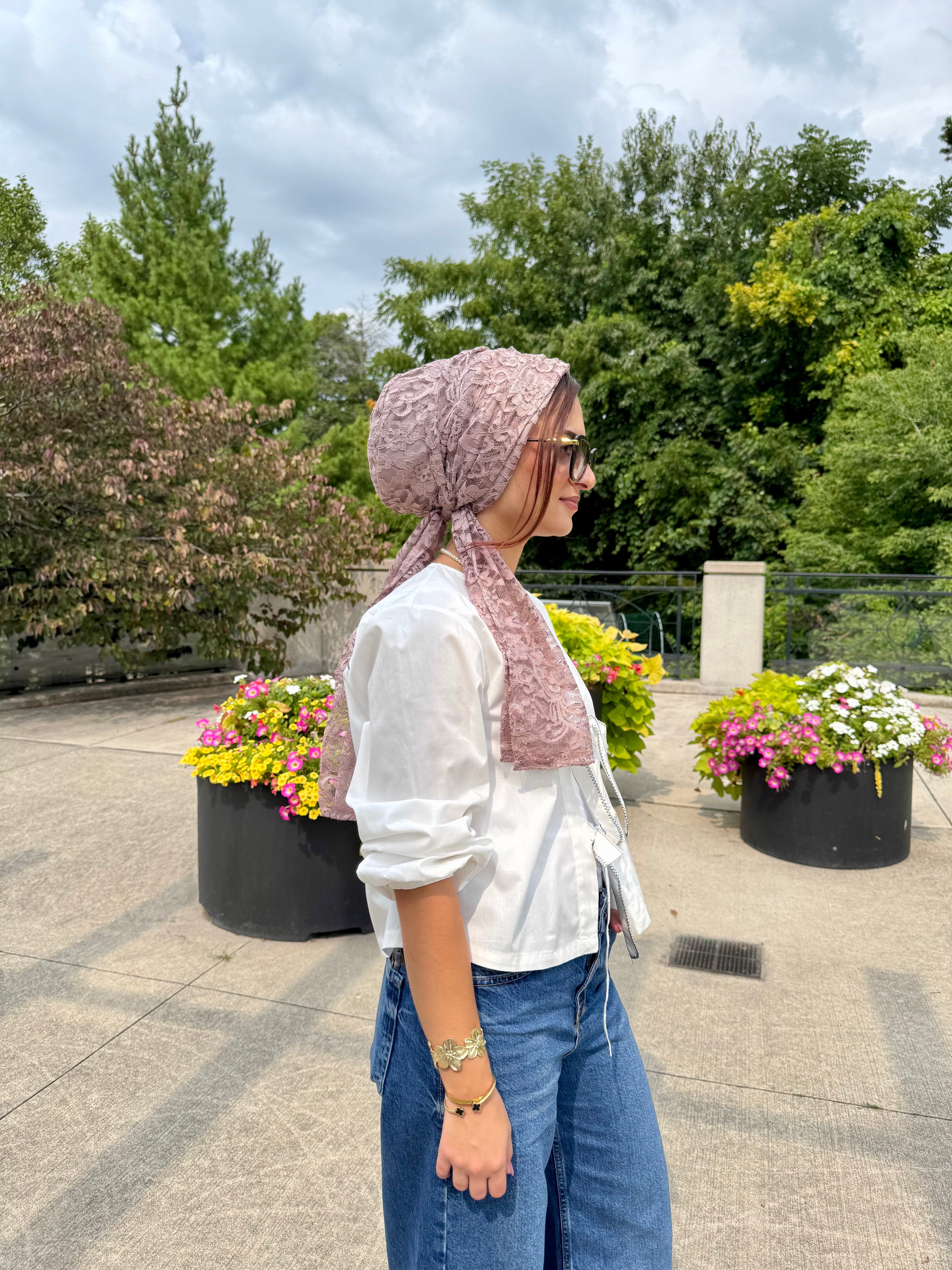 Beanie Wrap Lace - Nude Mauve - Turban Couture
