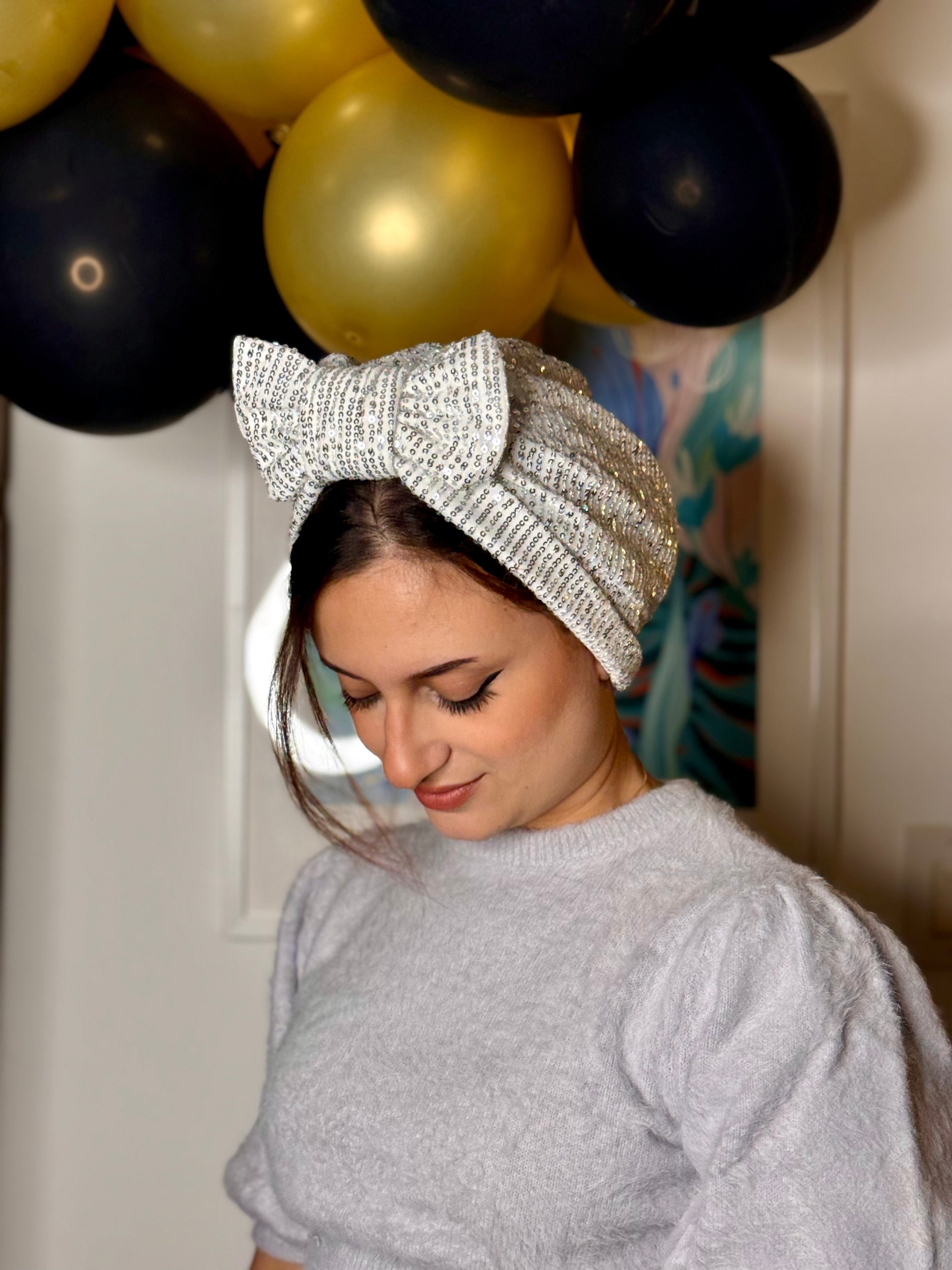 Beanie Bow Sequins Jersey -  White Silver