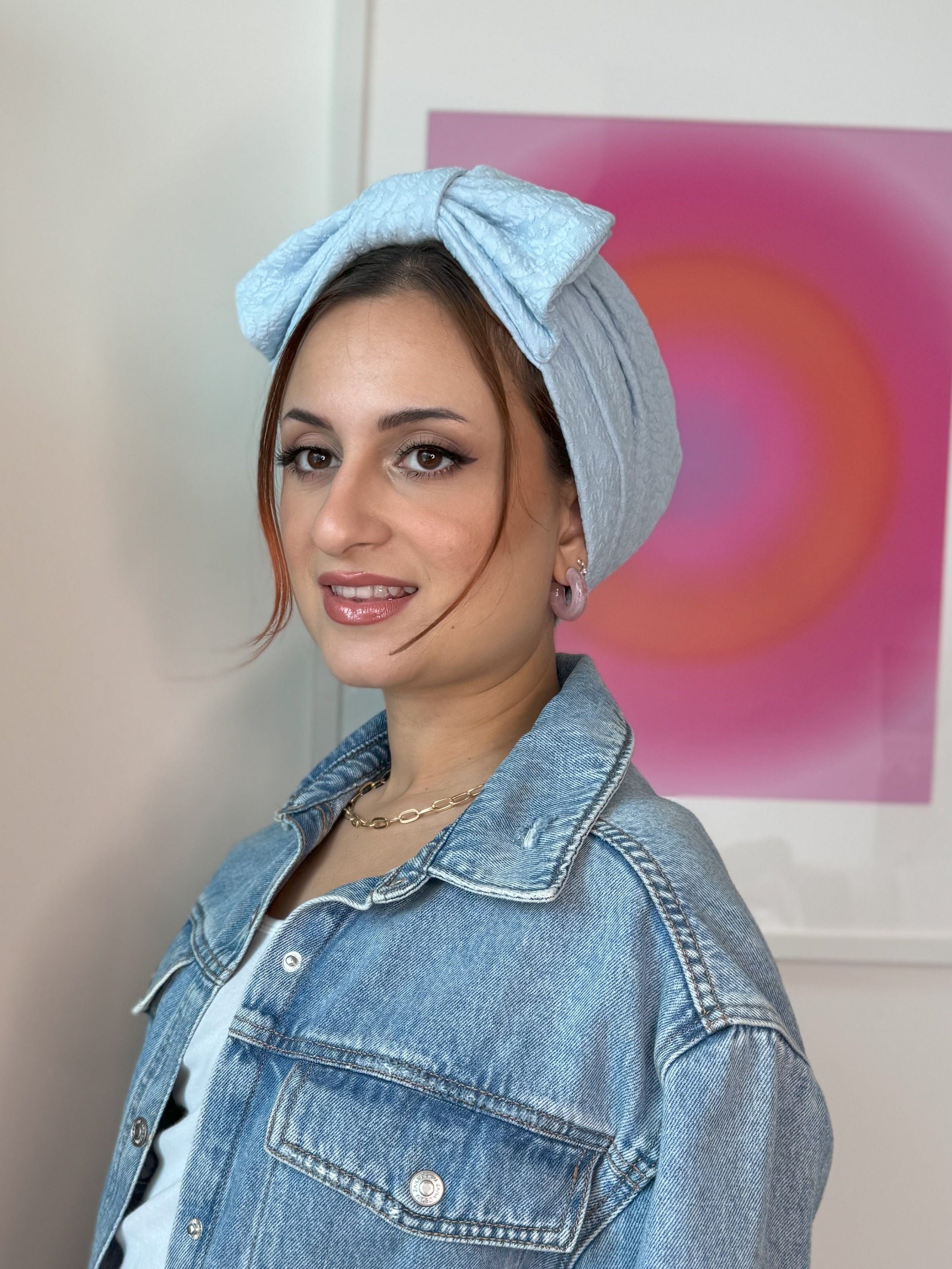 Turban Printed Big Bow - Baby Blue - Turban Couture