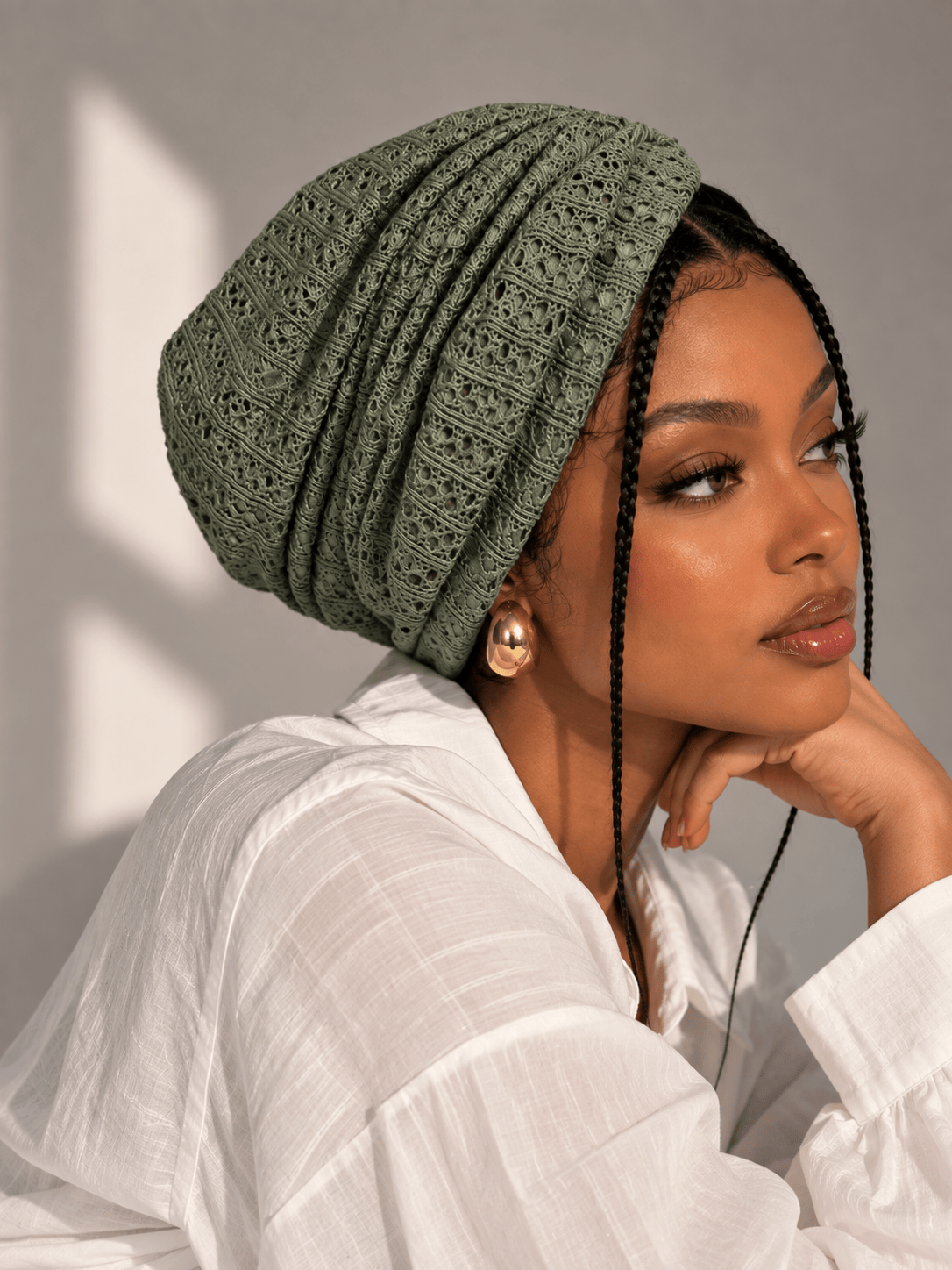 Beanie Cross Front Knit - Sage Green